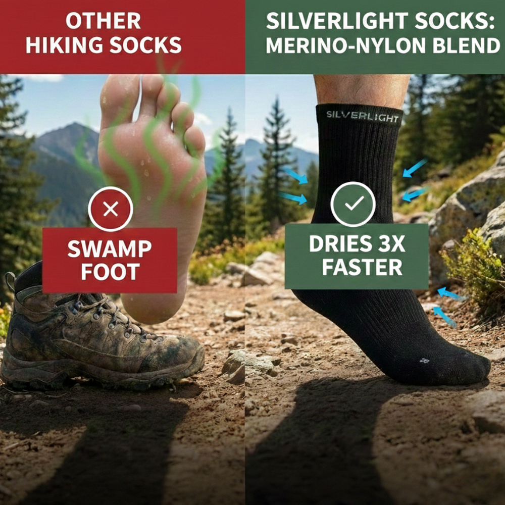 Wet socks compared with fast-drying Silverlight socks