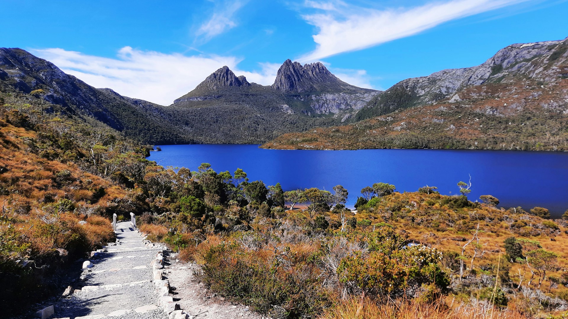 A hiking path leading toward Cradle Mountain in Tasmania, Australia