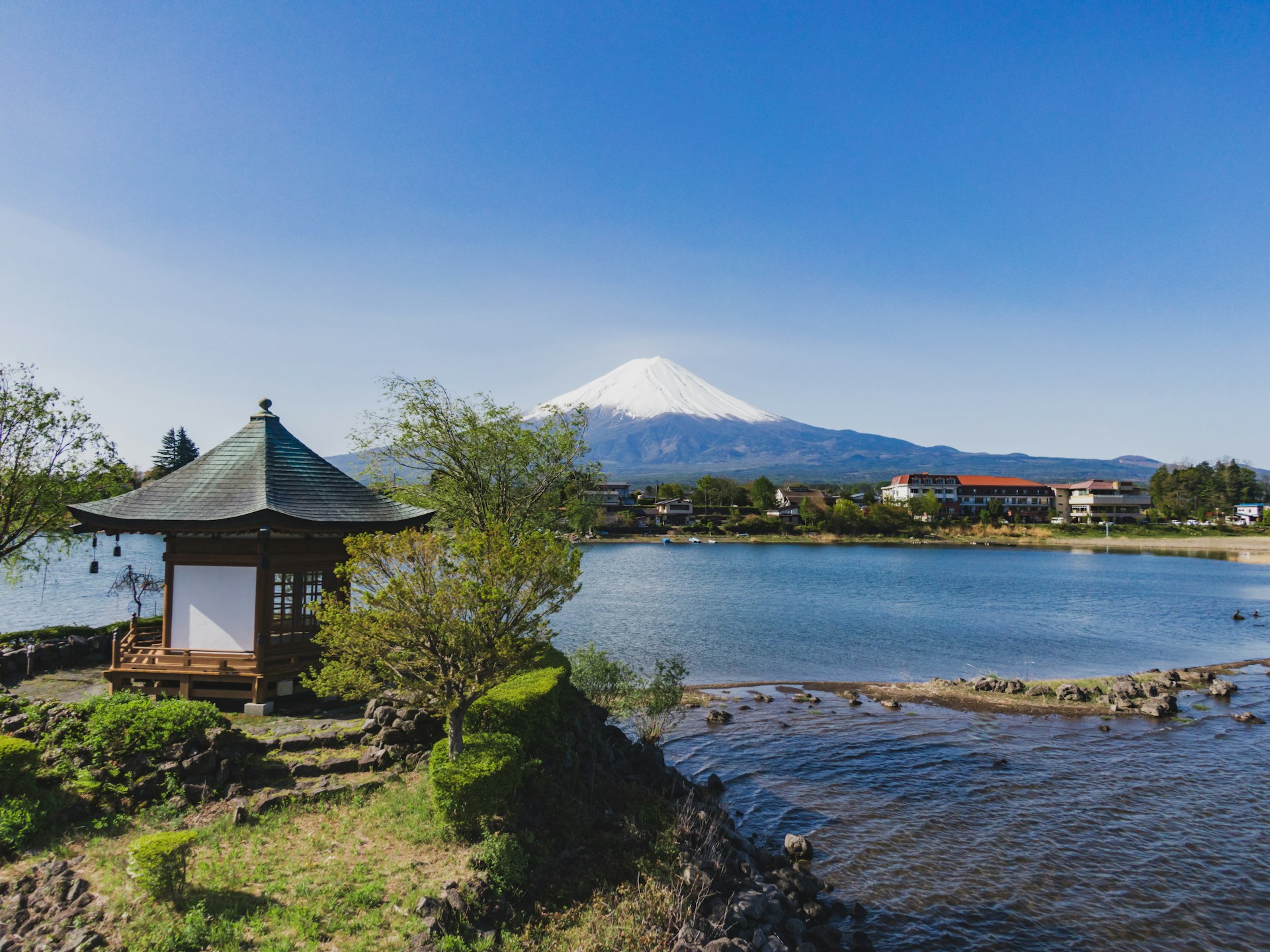 Mount Fuji rising beyond Lake Kawaguchi in Japan