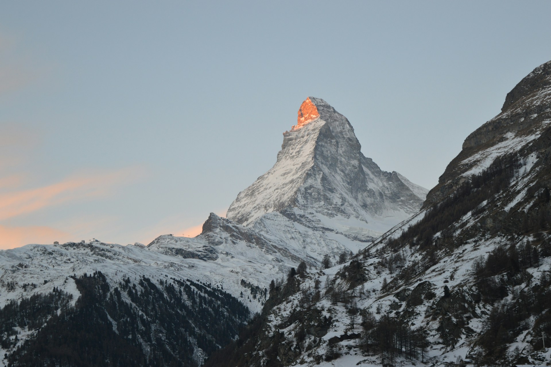 The snow-covered Matterhorn above the Swiss Alps