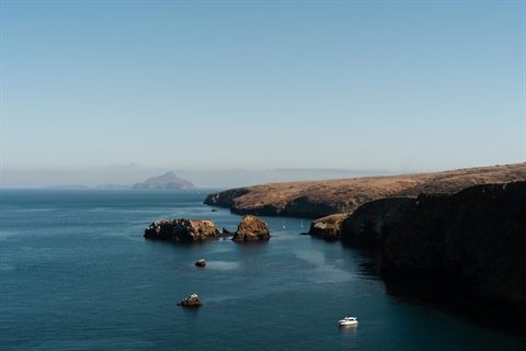 Rocky coastline and deep blue water around Santa Cruz Island in Channel Islands National Park
