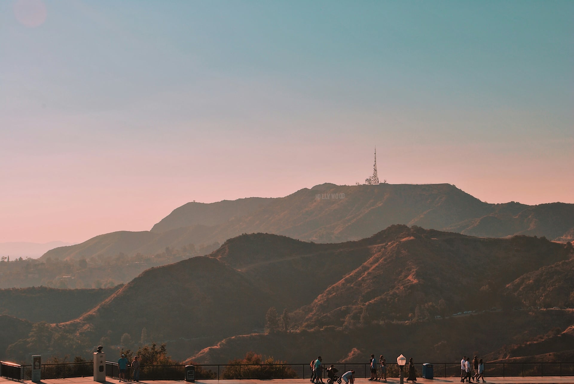 A walking path near Griffith Observatory with the Hollywood Hills beyond