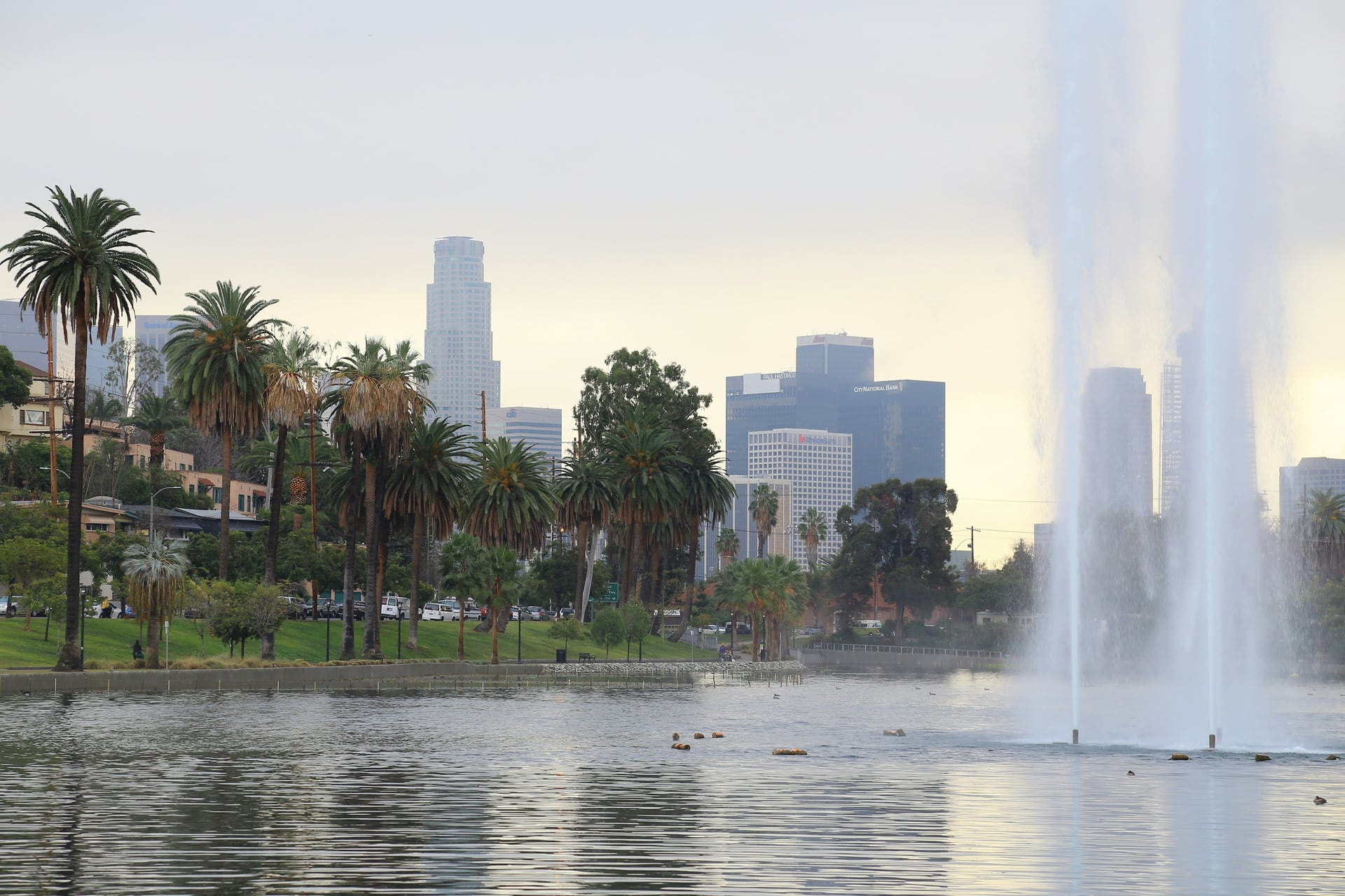 The Silver Lake Reservoir neighborhood and fountain in Los Angeles