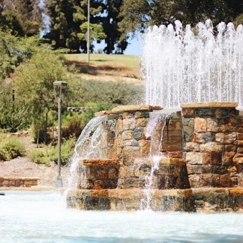 The restored stone fountain on Hillcrest Park's Great Lawn