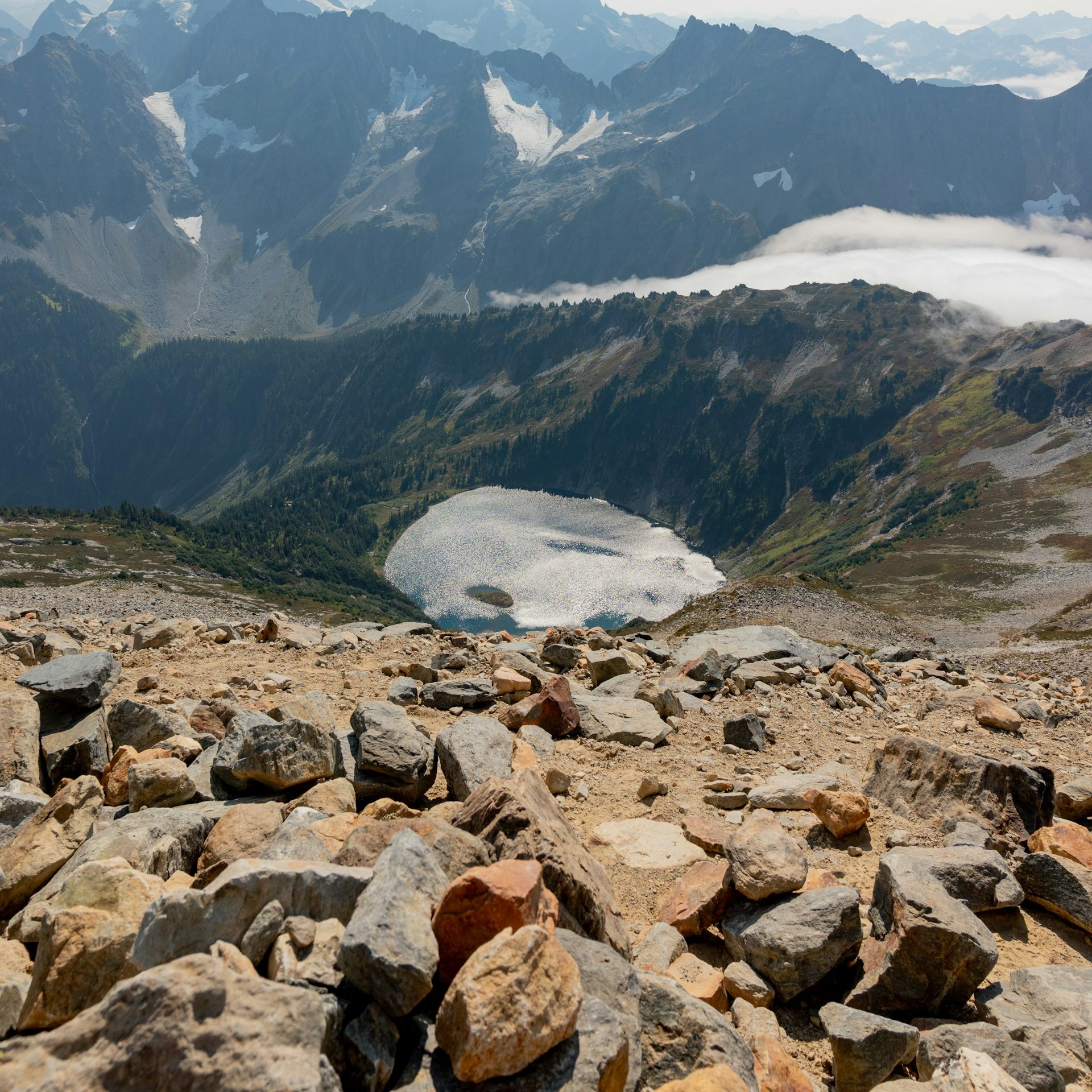 A glacial lake beneath rocky peaks in the North Cascades