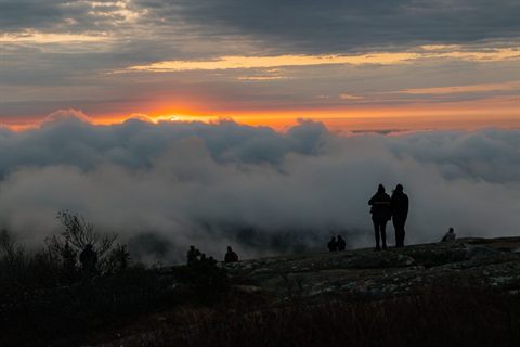 Hikers watching sunrise above the clouds from Cadillac Mountain in Acadia