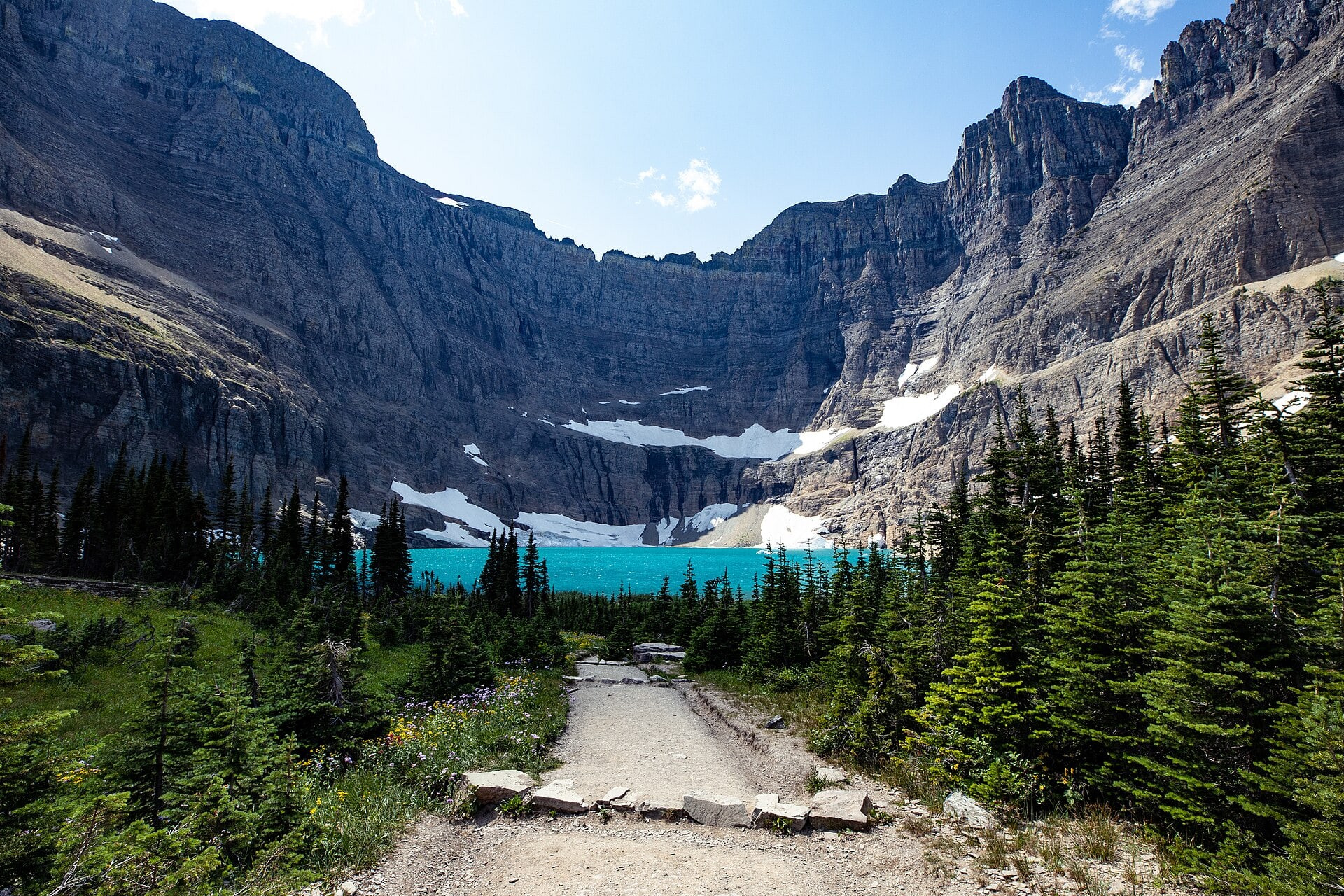 The trail approaching an alpine lake beneath steep Glacier National Park peaks