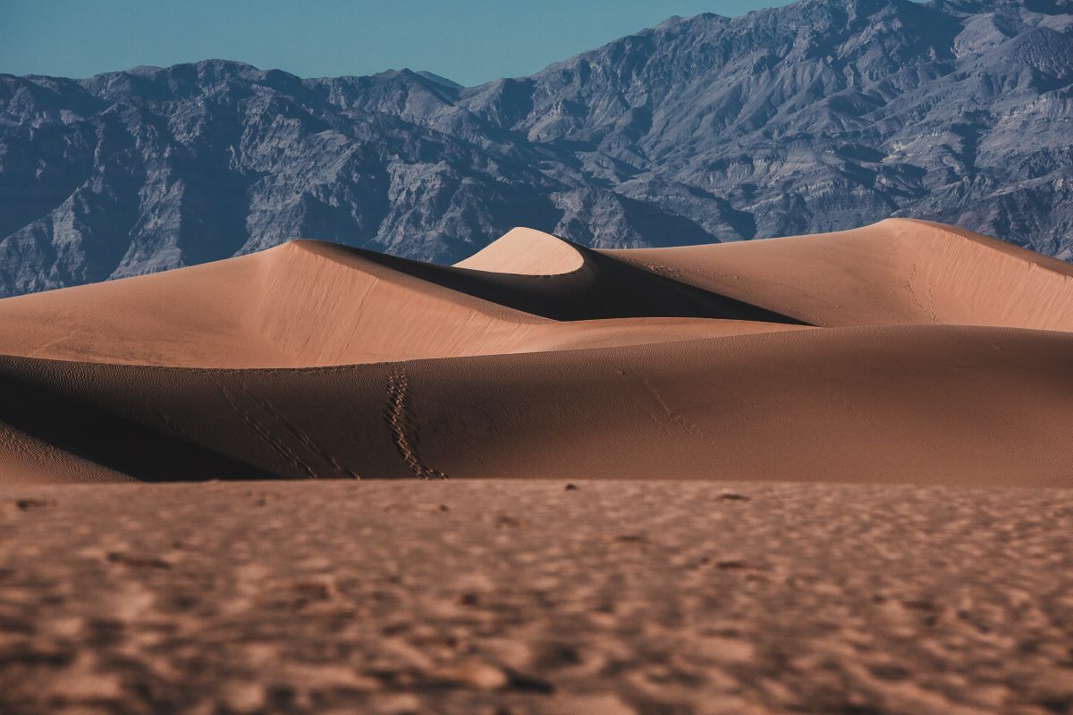 The view of sand dunes in Mesquite Flats, Death Valley National Park.