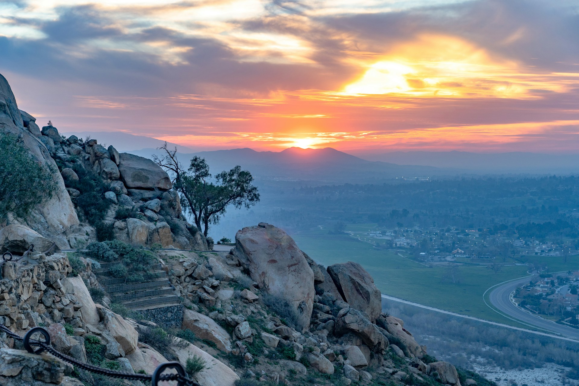 Mount Rubidoux glowing in warm sunset light above Riverside