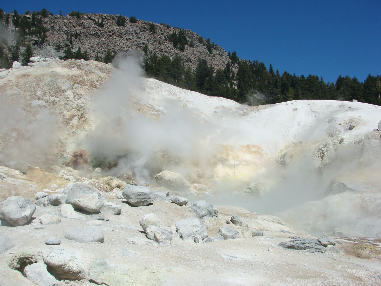 Steaming geothermal terrain at Bumpass Hell in Lassen Volcanic National Park
