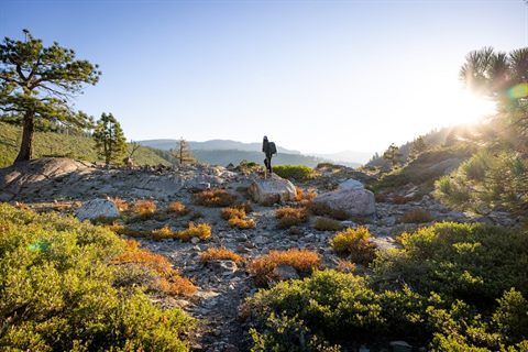 Hiker crossing a rocky California mountain trail at sunrise