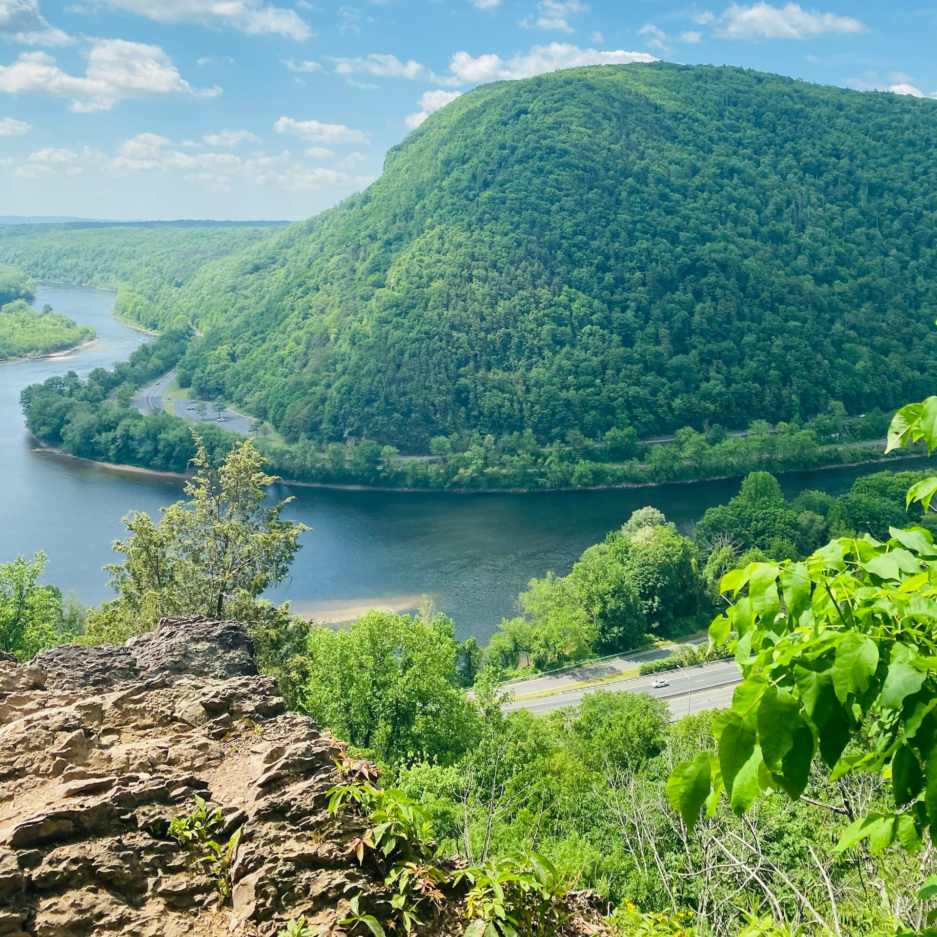 The Delaware River winding through the forested Delaware Water Gap