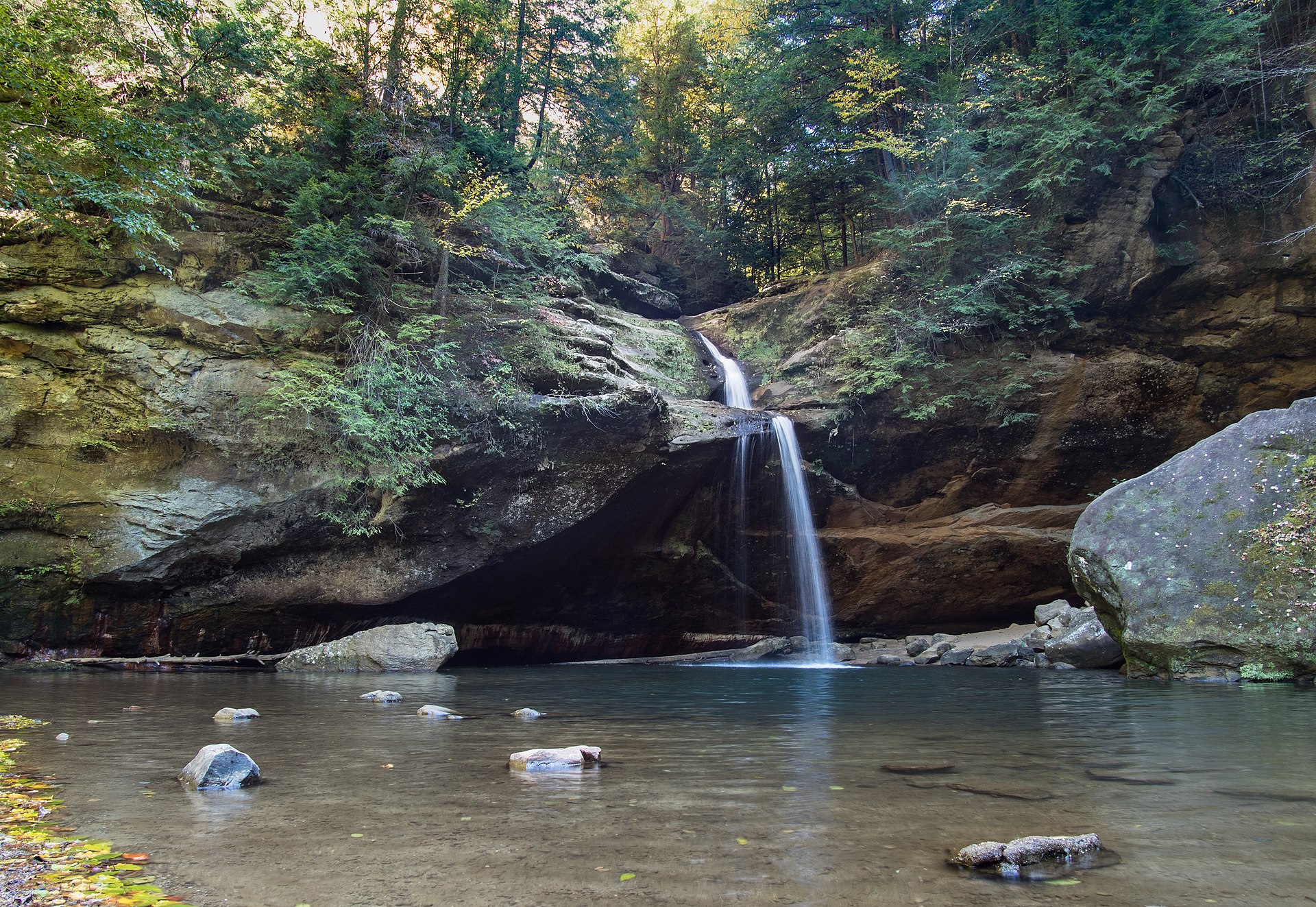 A forest waterfall near Old Man's Cave in Hocking Hills