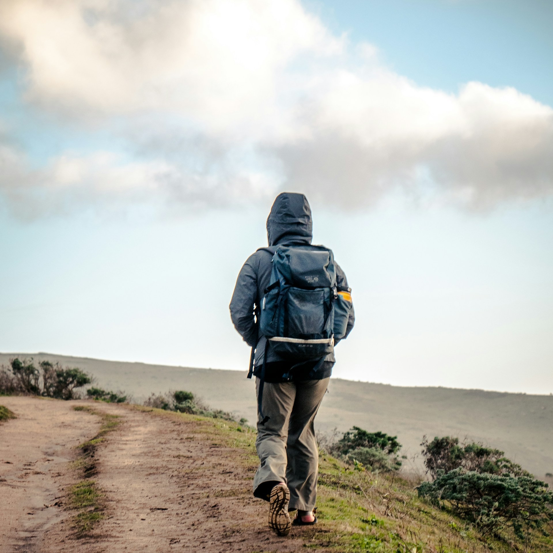 A backpacker hiking the coastal hills at Point Reyes