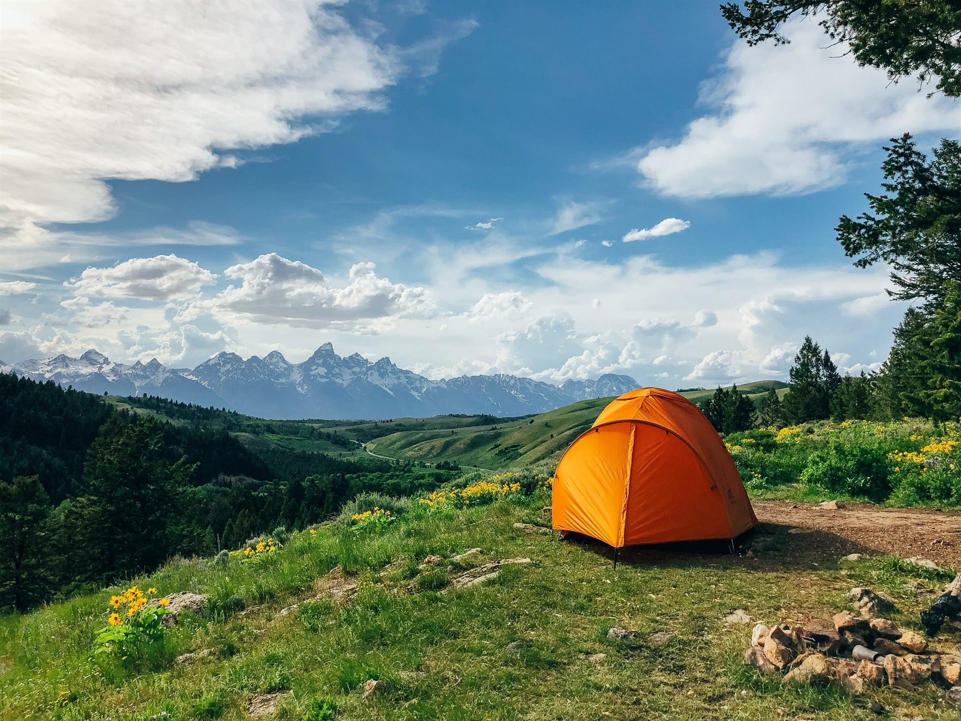 Orange Tent in the Banks of the Gros Ventre River Valley, Grand Teton
