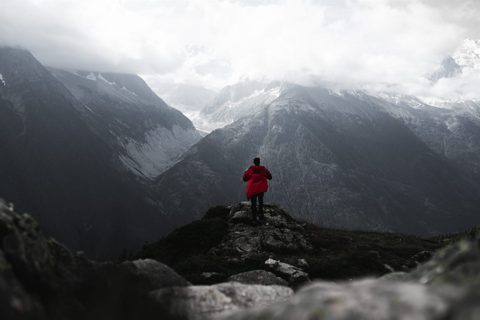 Hiker in Rain in the French Alps