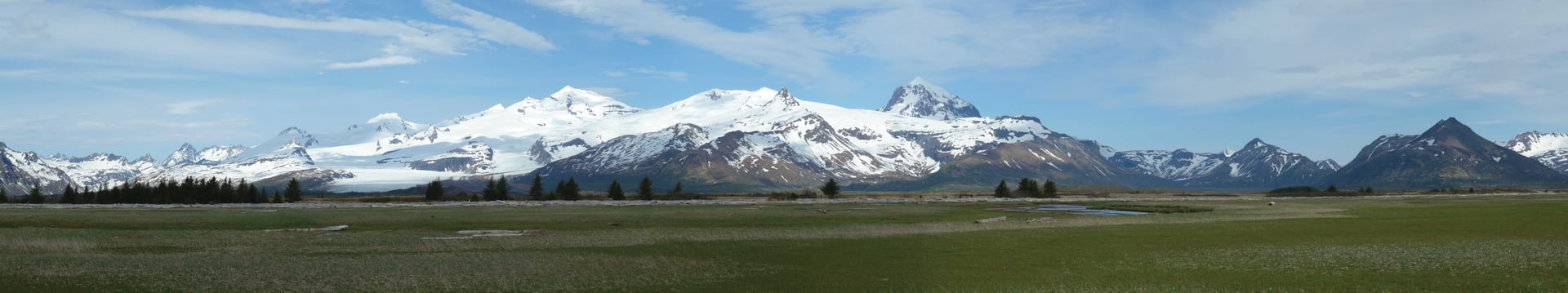 Snow-covered volcanoes rising beyond the sedge meadows of Hallo Bay