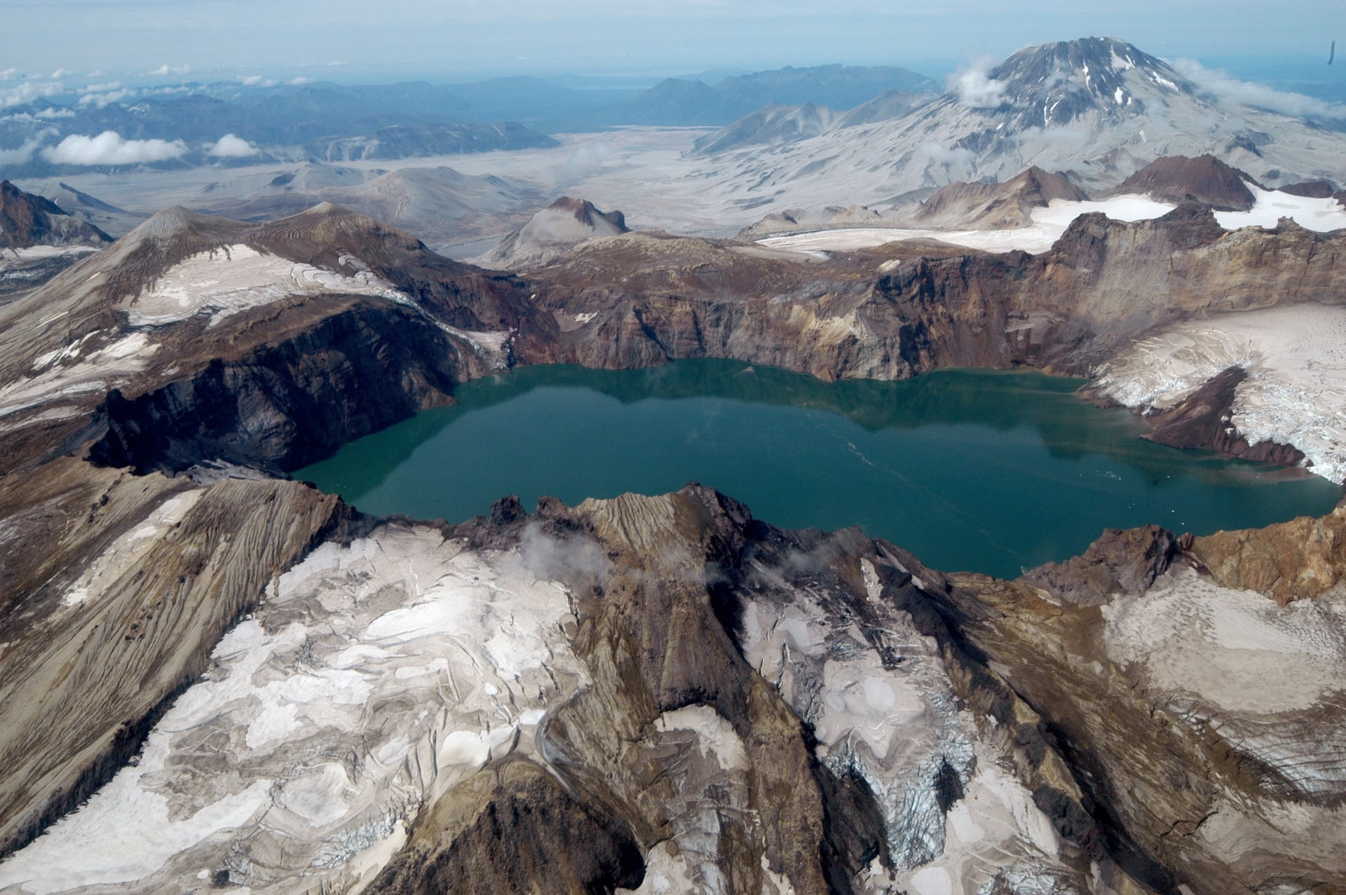 The lake-filled caldera at the summit of Mount Katmai