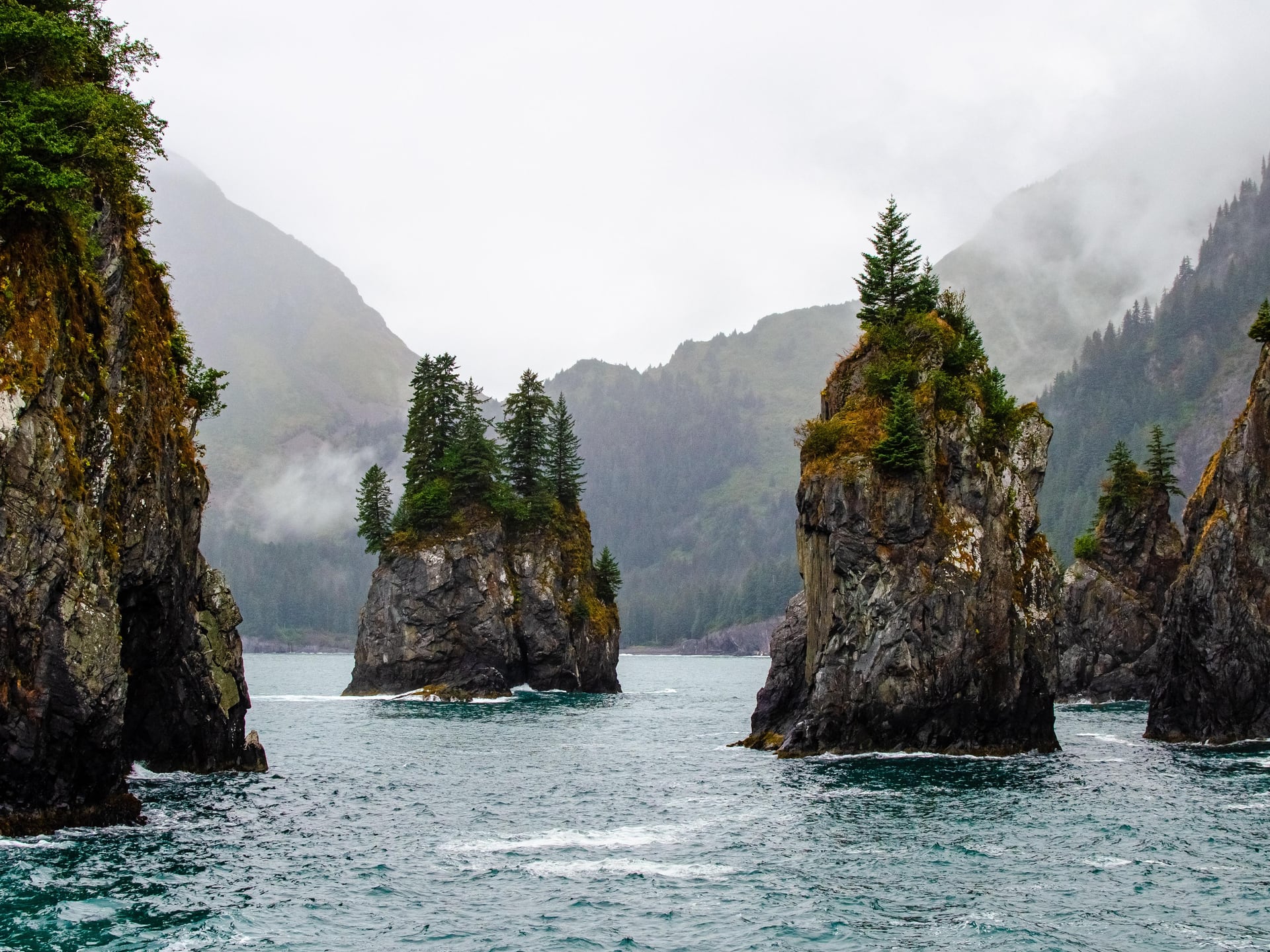 Sea stacks rising from the rugged Kenai Fjords coastline