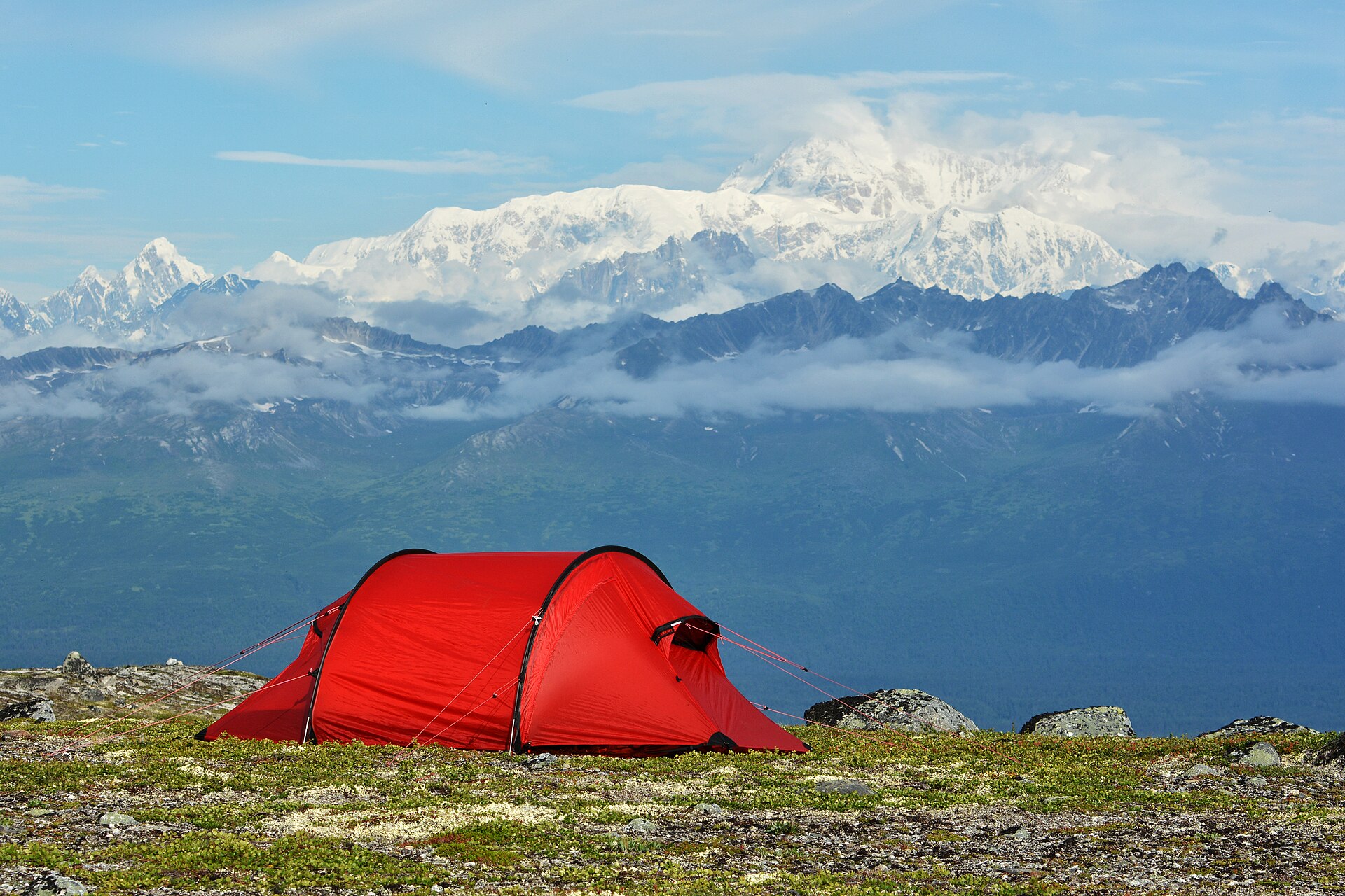 A campsite on Kesugi Ridge with Denali in the distance