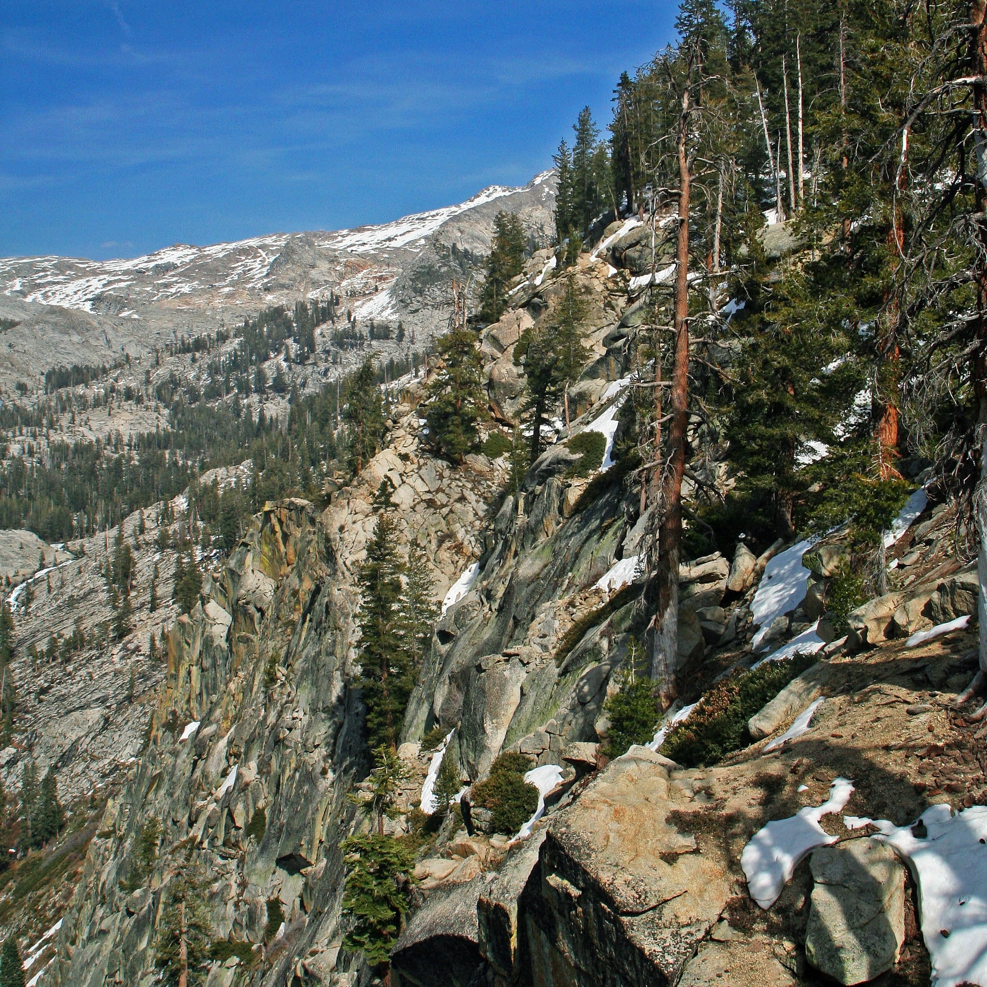 Granite peaks and forest seen from the Watchtower Trail