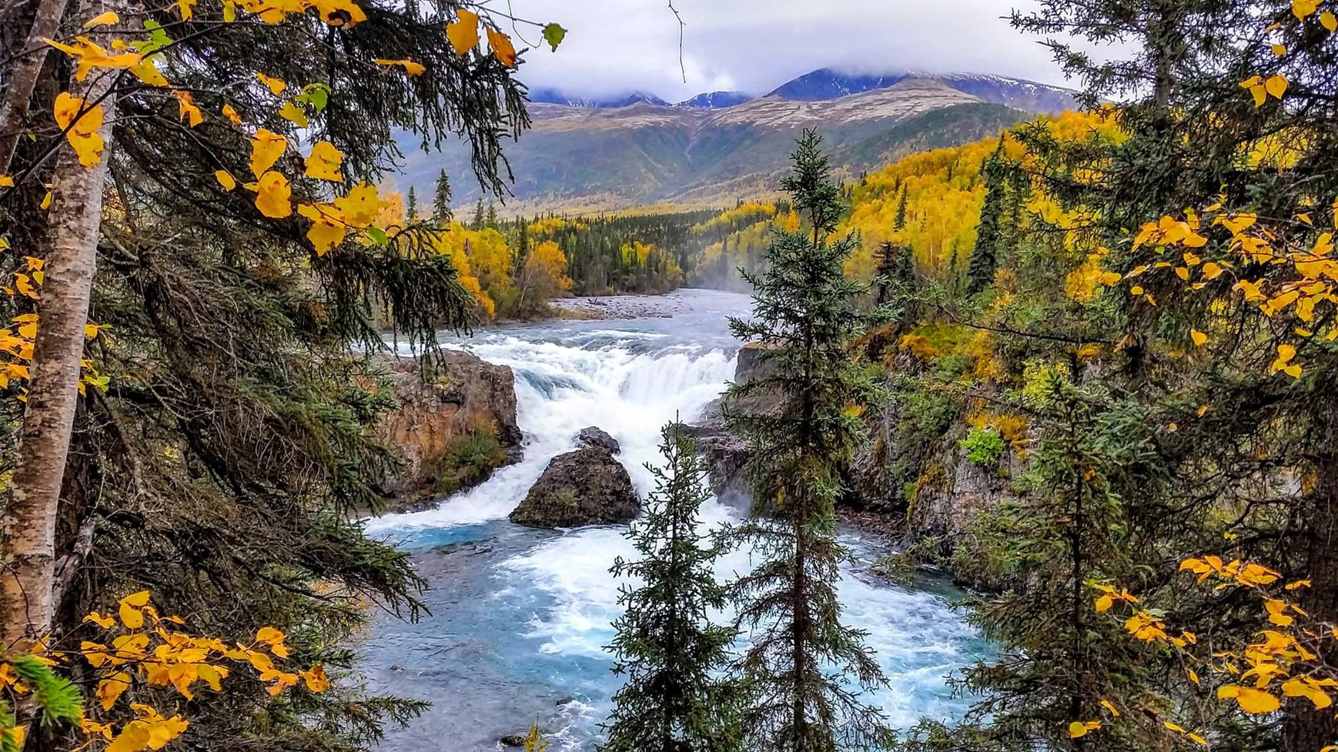Tanalian Falls surrounded by autumn forest near Port Alsworth
