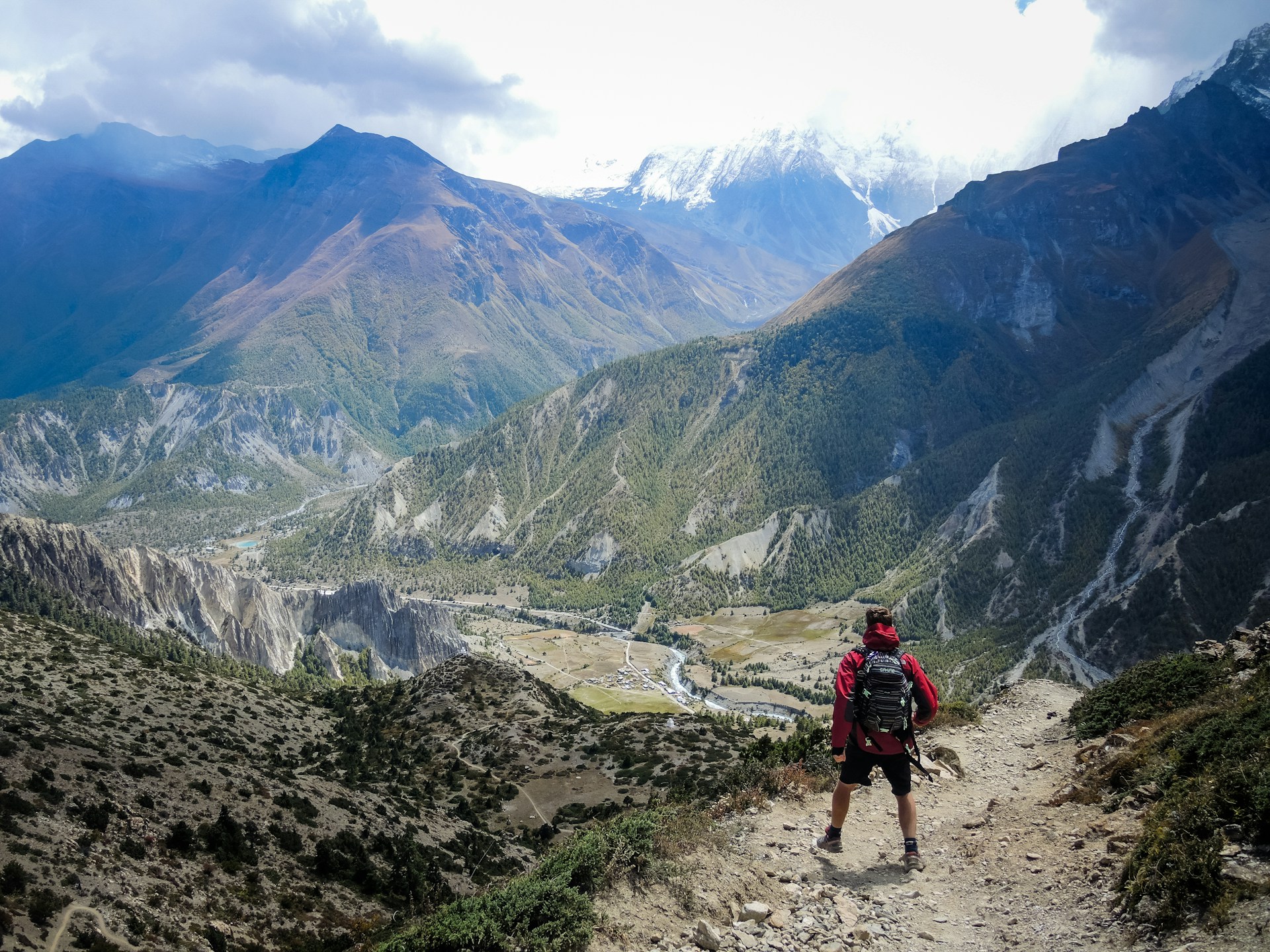 A hiker crossing mountain terrain near Manang on the Annapurna Circuit