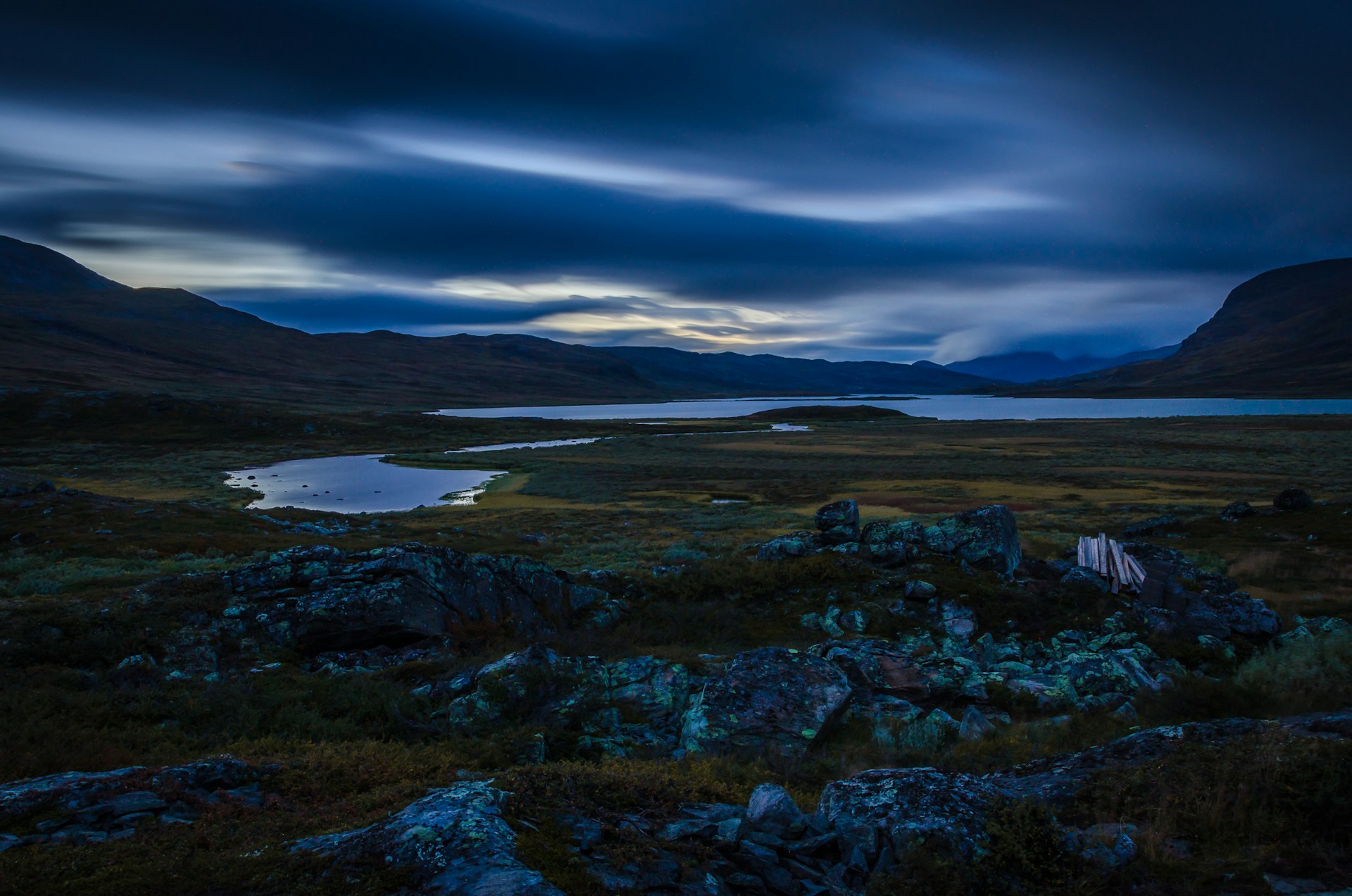 A remote lakeside landscape along Sweden's Kungsleden trail