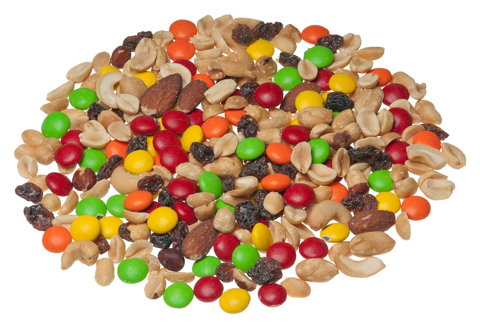 A mix of nuts, dried fruit, and chocolate for the trail