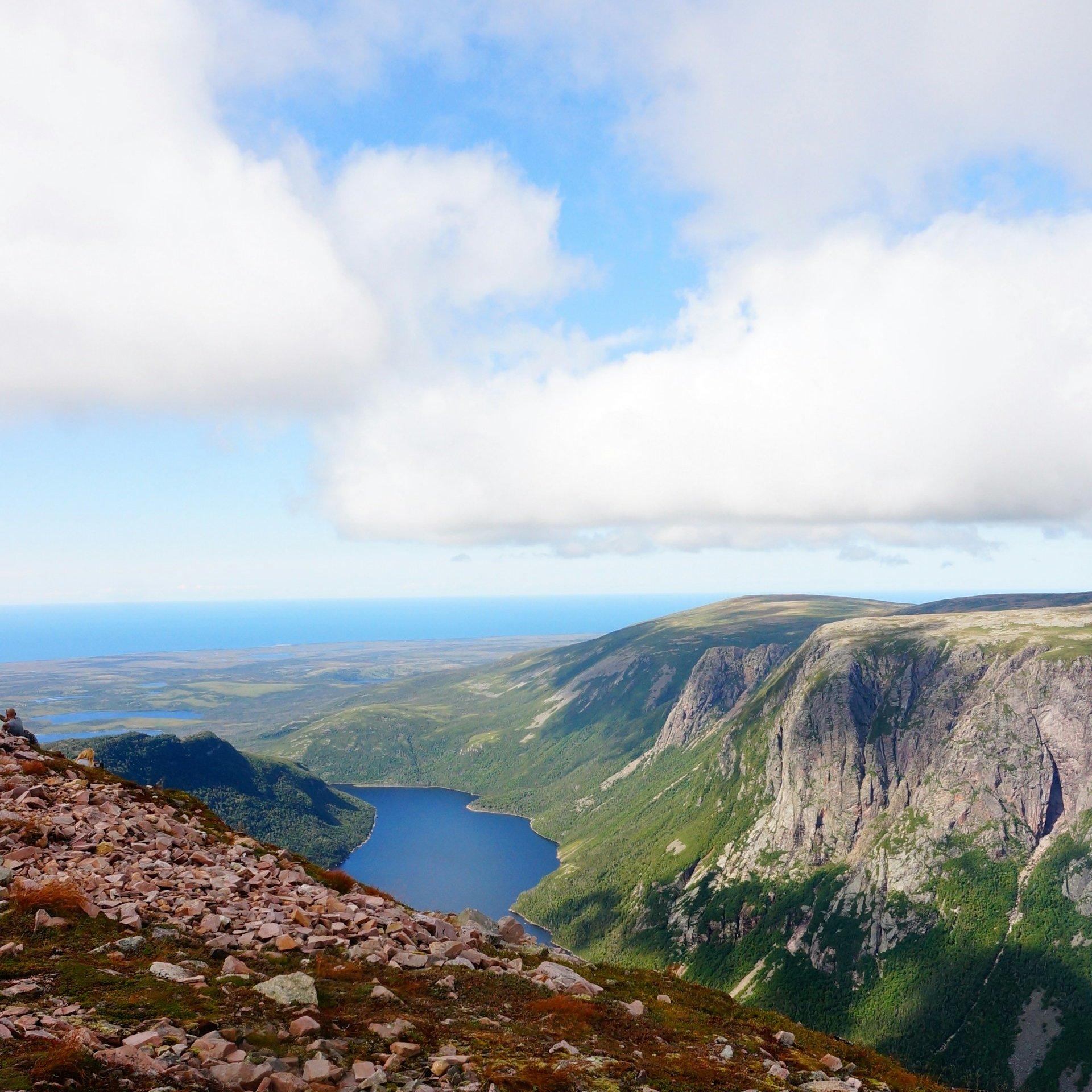 Mountain ridges and a fjord-like lake in Gros Morne National Park