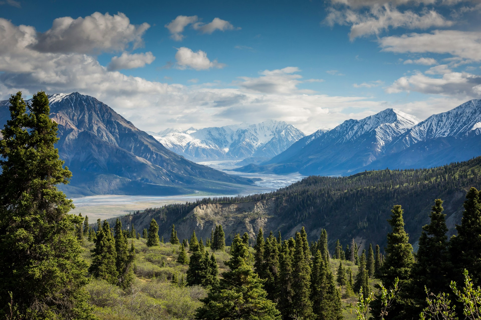 A wet mountain valley and snowcapped peaks in Kluane National Park and Reserve