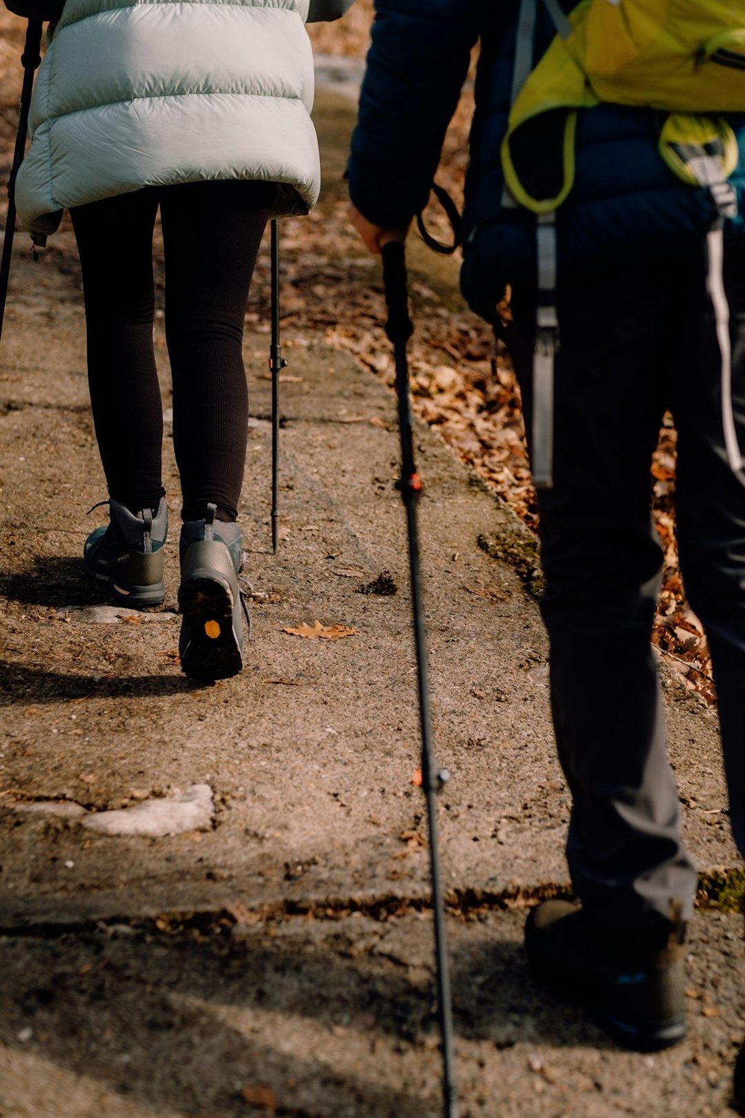 Two hikers walking outdoors with trekking poles
