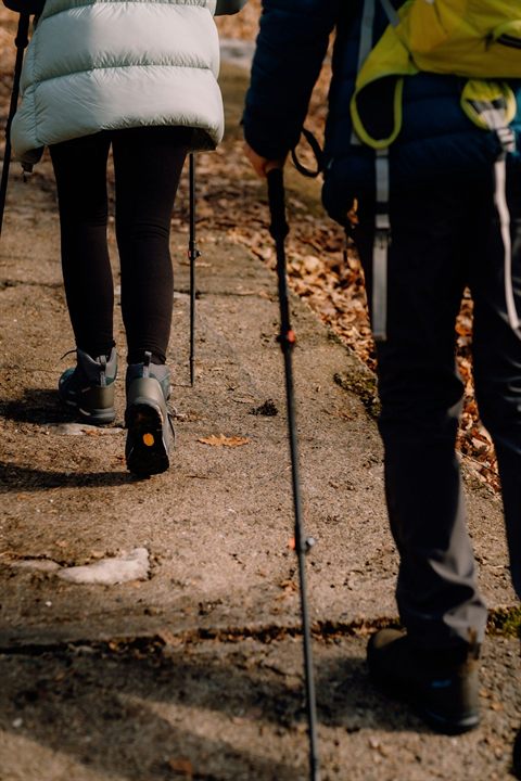Two hikers walking outdoors with trekking poles