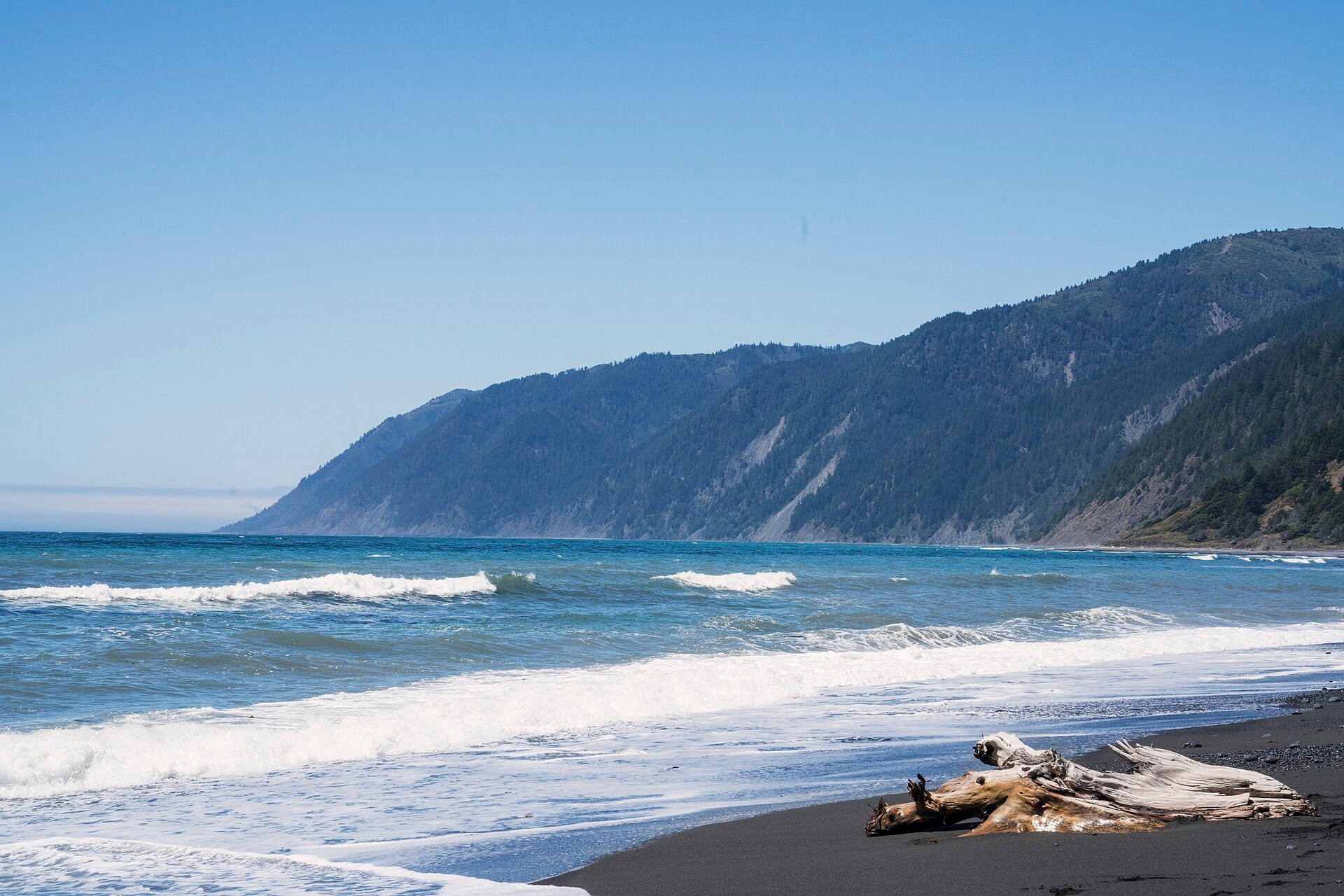 Waves and driftwood along the King Range coastline