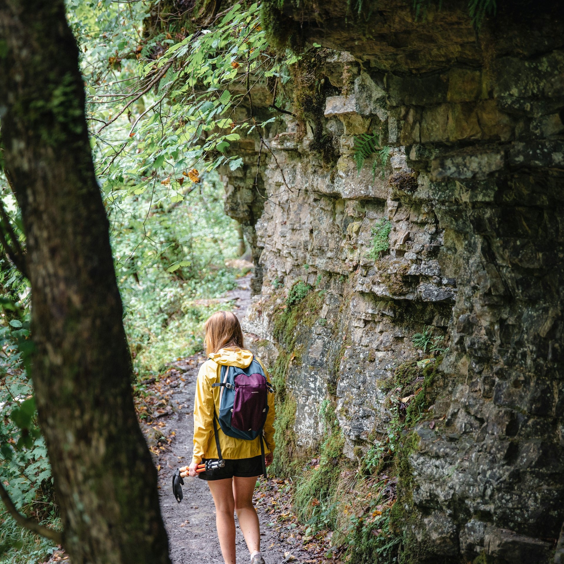 A hiker following a forest path beside rock formations in the Black Forest