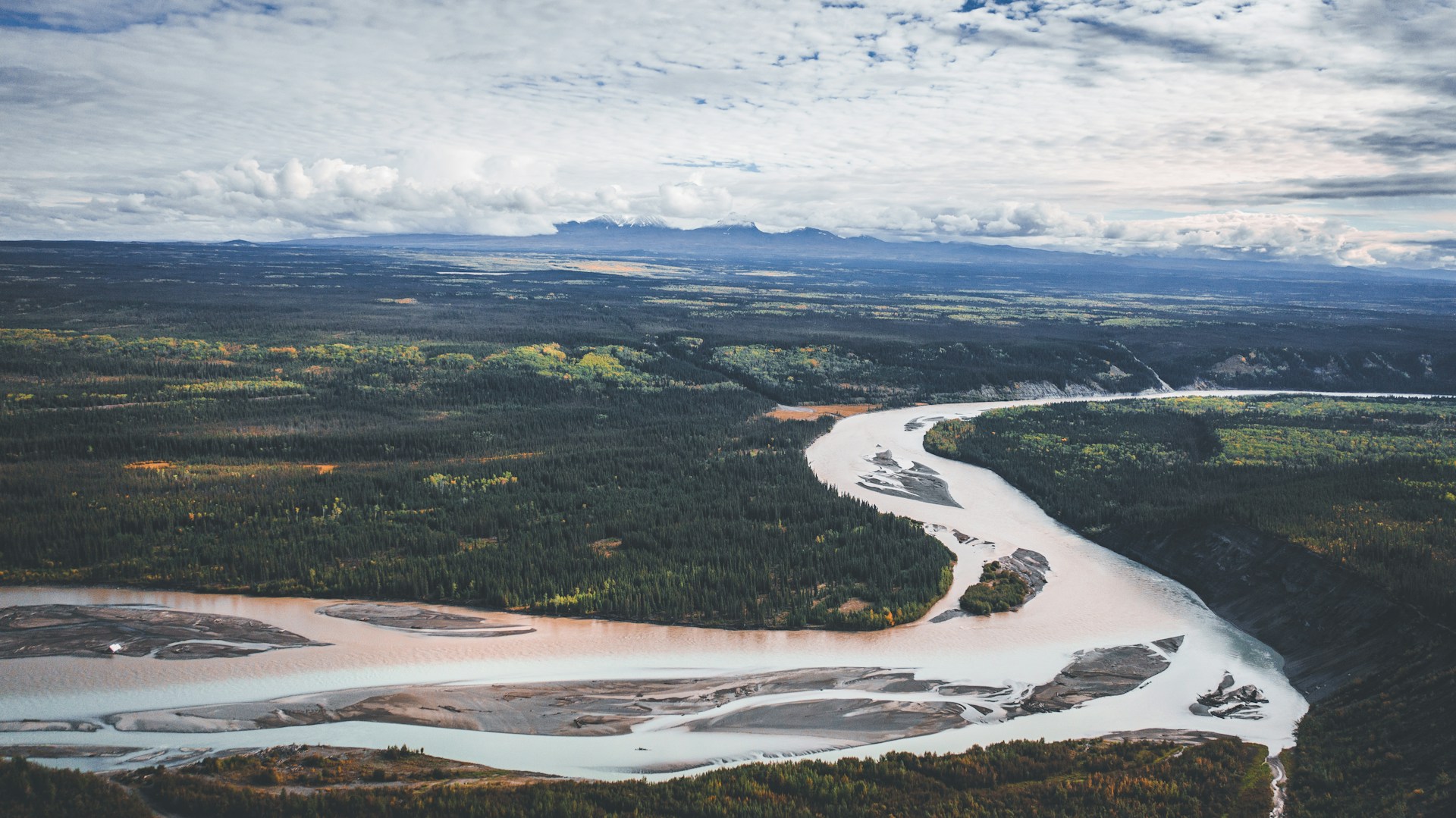 The Copper River winding through forest beneath the Wrangell Mountains