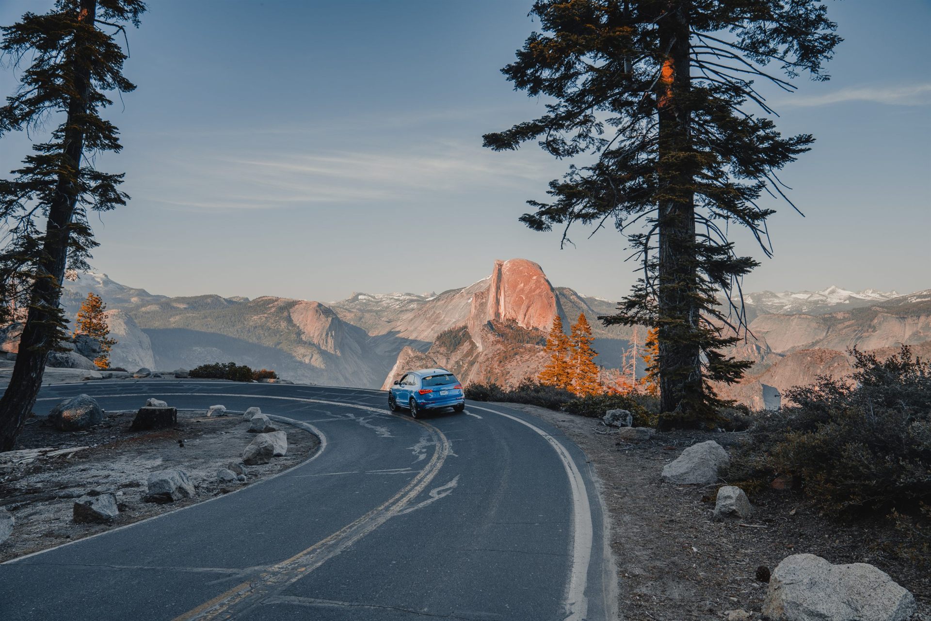 Car driving on Glacier Point Road in Yosemite