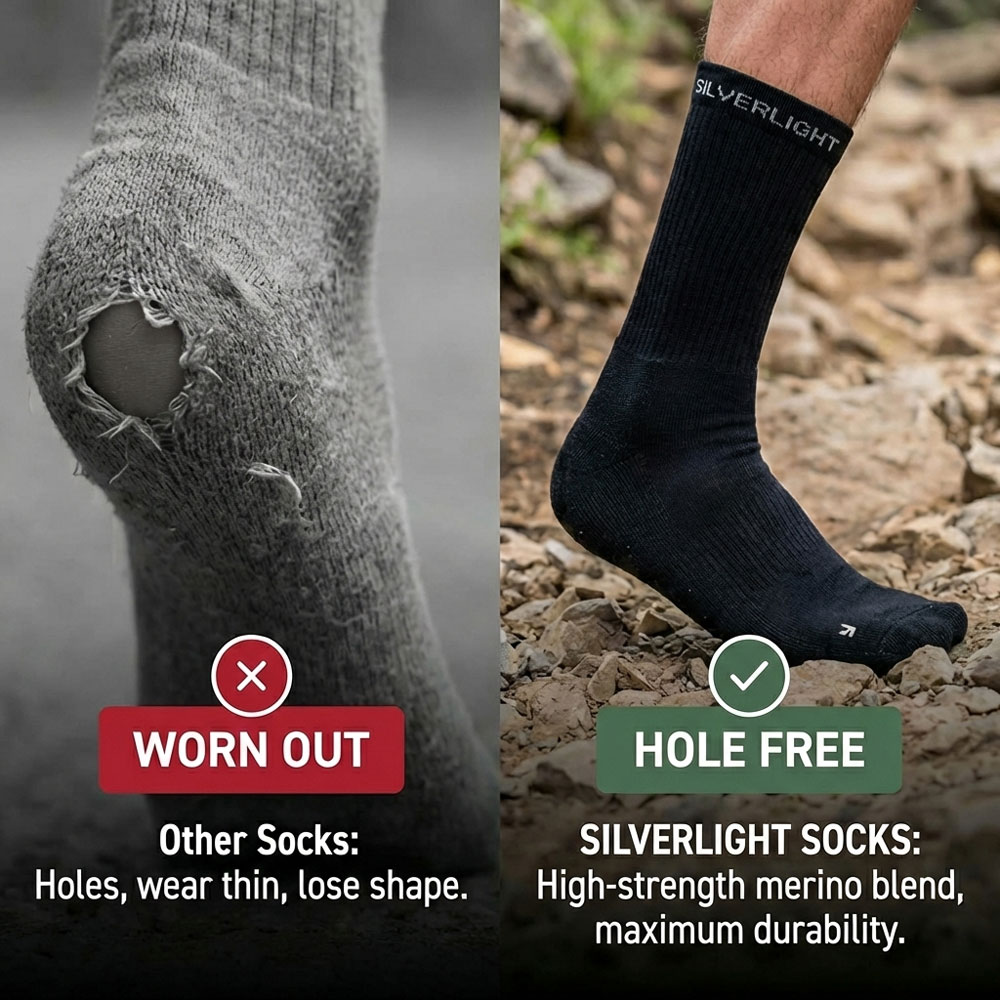 Worn-out sock compared with durable Silverlight socks