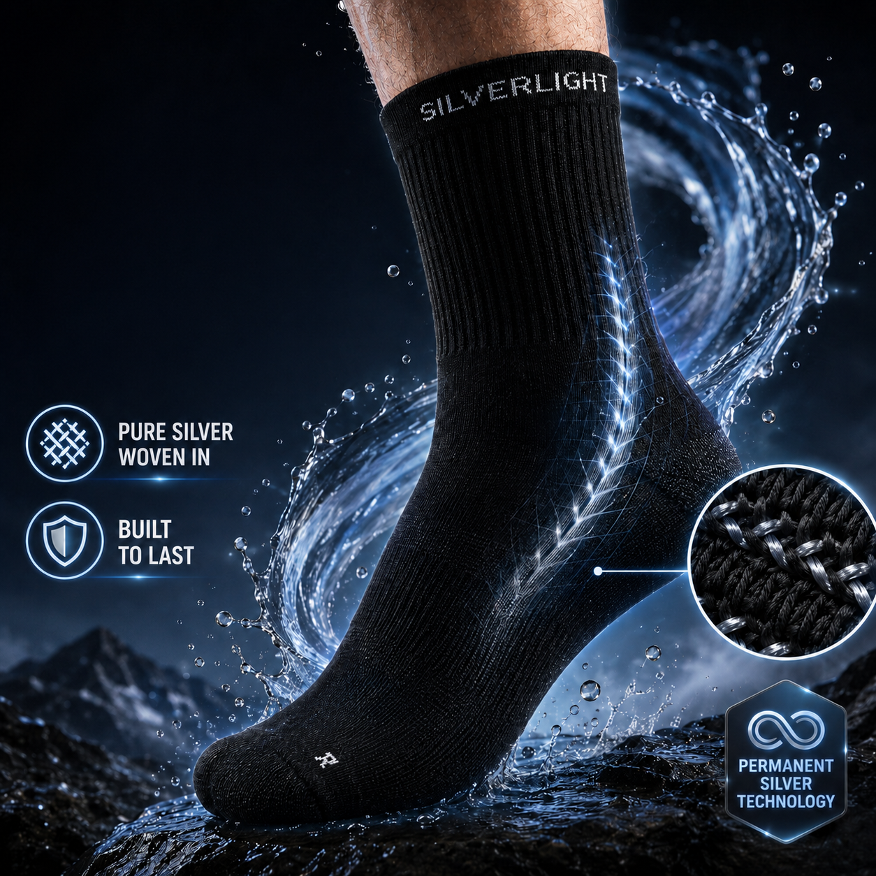 Permanently bonded silver yarn in Silverlight socks