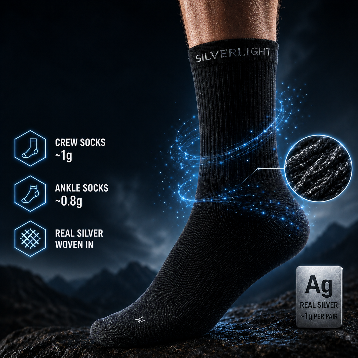 Silverlight socks with a meaningful amount of real silver